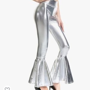 Rufeud Shiny Metallic Skinny Flare Bell Bottom Pants